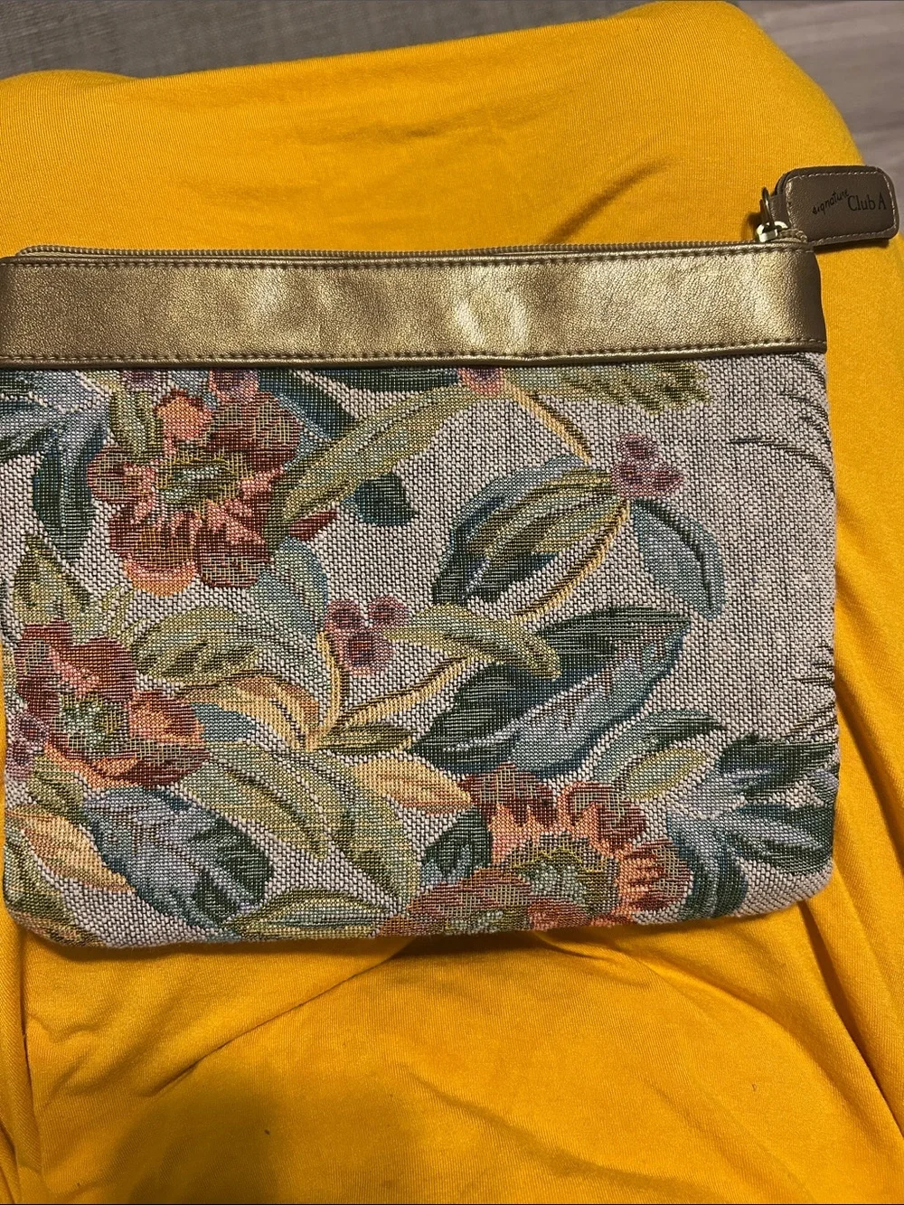 Floral Tapestry Zip Cosmetic Pouch with Gold Trim